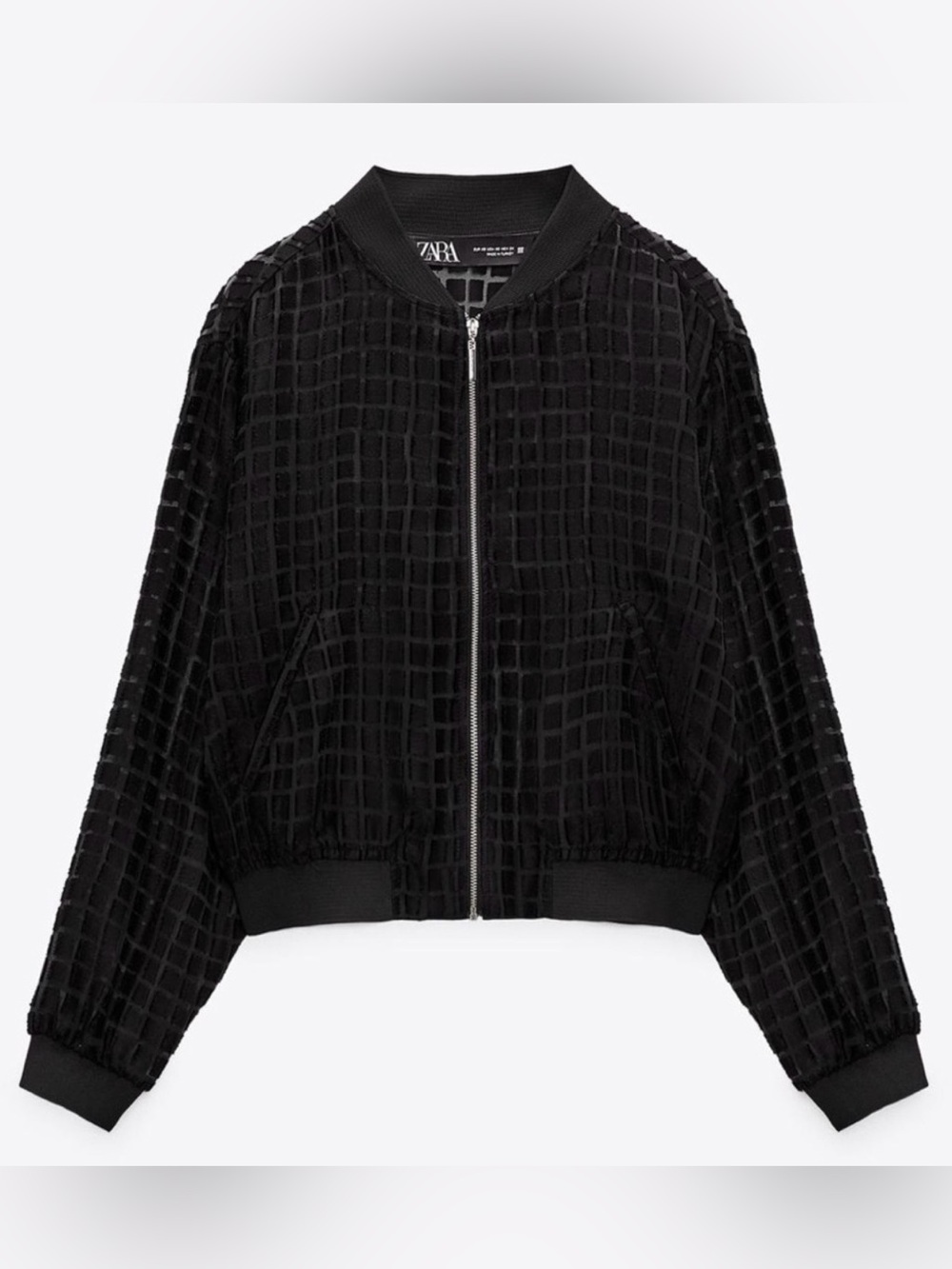 ZARA Semi-Sheer Textured Black Bomber Jacket